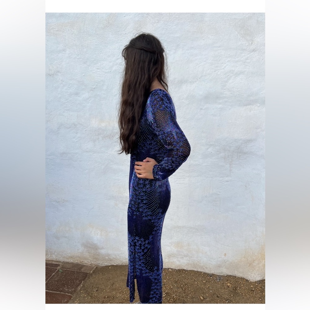 Beautiful vintage beaded dresss size small blue silk fabric model is a size 3